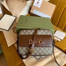 Gucci Horsebit 1955 Small Bag In GG Canvas With Brown Trim