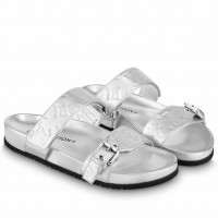 Louis Vuitton Bom Dia Comfort Mules In Silver Metallic Leather Louis Vuitton Bom Dia Comfort Mules In Silver Metallic Leather