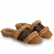 Louis Vuitton Lock It Flat Mules in Mink Fur with Monogram Canvas Louis Vuitton Lock It Flat Mules in Mink Fur with Monogram Canvas