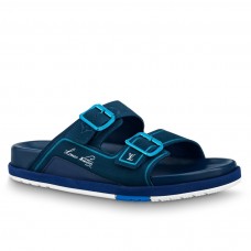 Louis Vuitton LV Trainer Mules In Blue Suede Leather Louis Vuitton LV Trainer Mules In Blue Suede Leather