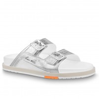 Louis Vuitton LV Trainer Mules In Silver Metallic Leather Louis Vuitton LV Trainer Mules In Silver Metallic Leather