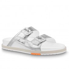 Louis Vuitton LV Trainer Mules In Silver Metallic Leather Louis Vuitton LV Trainer Mules In Silver Metallic Leather