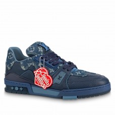 Louis Vuitton Men's LV Trainer Sneakers In Blue Denim Leather Louis Vuitton Men's LV Trainer Sneakers In Blue Denim Leather