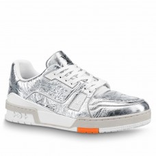 Louis Vuitton Men's LV Trainer Sneakers In Silver Metallic Leather Louis Vuitton Men's LV Trainer Sneakers In Silver Metallic Leather