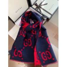 Gucci Blue/Red GG Jacquard Wool Silk Scarf