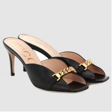 Gucci Black Leather Mid-heel Sandals With Sylvie Chain