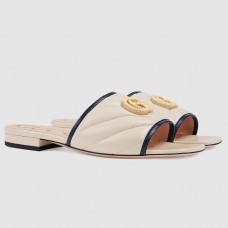 Gucci Slide Sandals In White Matelasse Leather With Double G