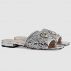 Gucci Slide Sandals In Silver Silk With Sequin