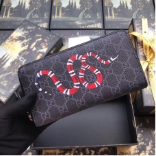 Gucci Zip Around Wallet In Black Kingsnake Print GG Supreme