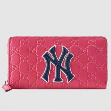 Gucci Pink Signature Zip Around Wallet With NY Yankees Patch