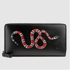 Gucci Black Kingsnake Print Leather Zip Around Wallet