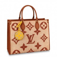 Louis Vuitton OnTheGo MM Bag In Raffia With Brown Leather M57707